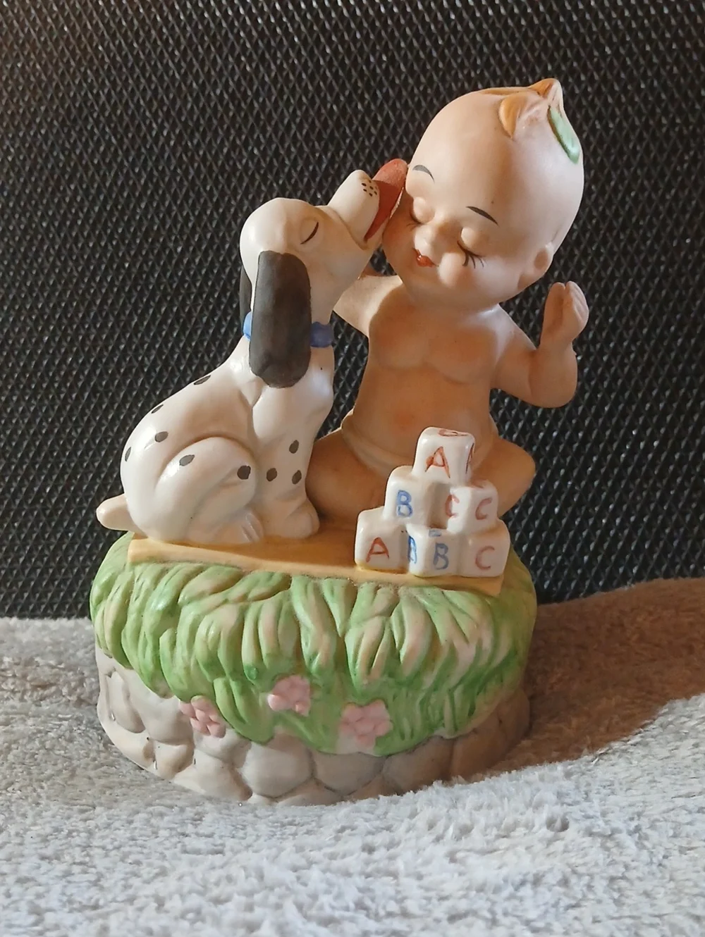 Vintage Musical Ceramic Baby & Puppy Figurine with ABC Blocks